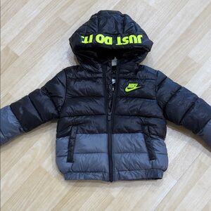 Nike Black and Gray Kids' Puffer Jacket with Neon Accents